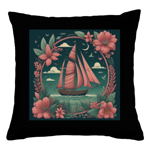 Polštář bavlněný  s potiskem růžová plachetnice