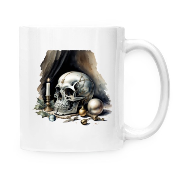 Hrnek malý bílý s potiskem Zátiší s lebkou